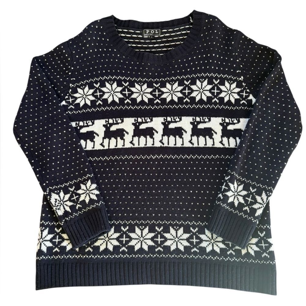 POL Navy Blue Fair Isle Nordic Reindeer Pullover Sweater Womens Size Large
